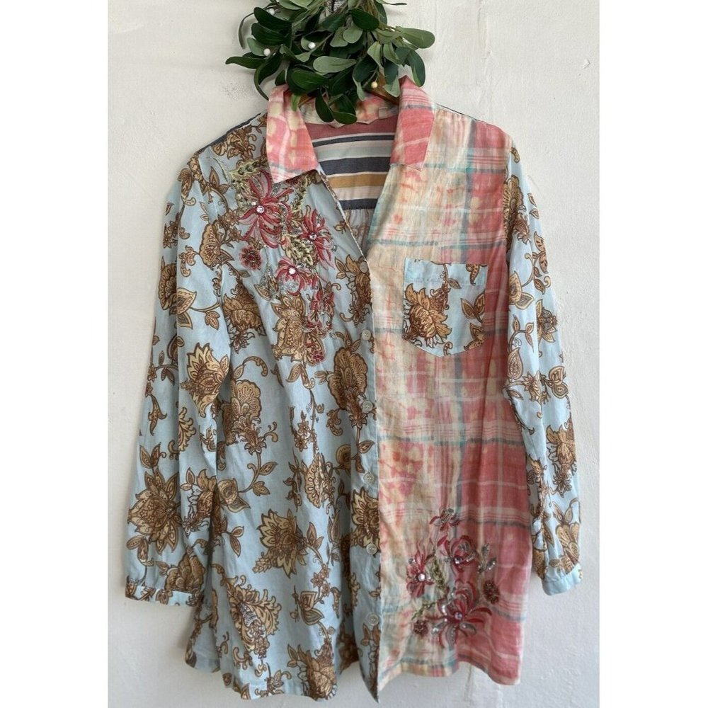 Soft Surroundings Button Up Tunic Top Beaded Rhinestone Floral Large Embroidered